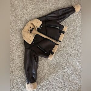 Zara Dark Brown Leather Jacket with Shearling Trim